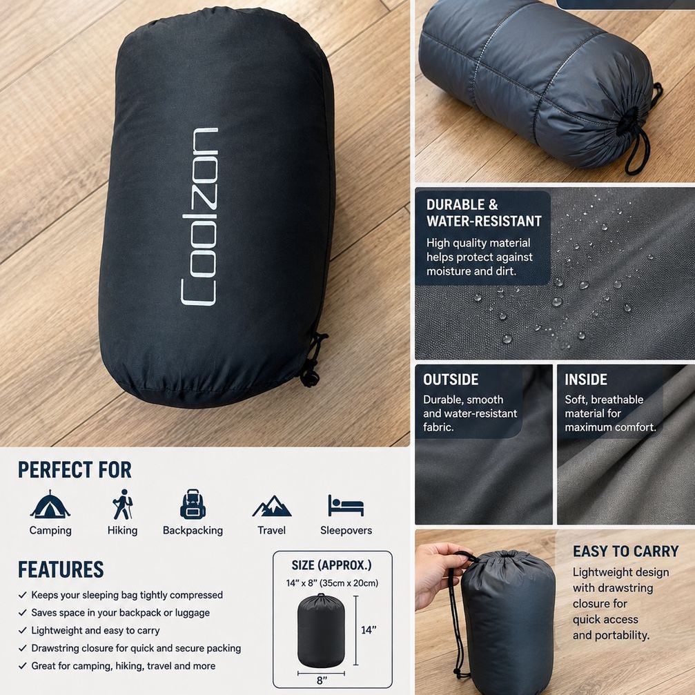 Coolzon Lightweight Compression Stuff Sack Sleeping Bag Storage Pouch 14x8 Black