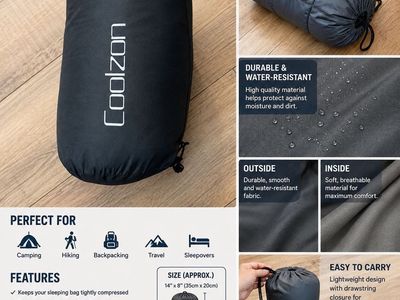 Coolzon Lightweight Compression Stuff Sack Sleeping Bag Storage Pouch 14x8 Black