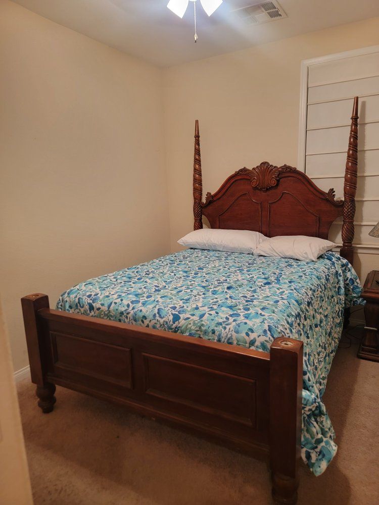 Wooden Carved Four Poster Queen Bed Frame - Dark Wood Finish, Ornate Headboard