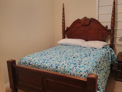 Wooden Carved Four Poster Queen Bed Frame - Dark Wood Finish, Ornate Headboard