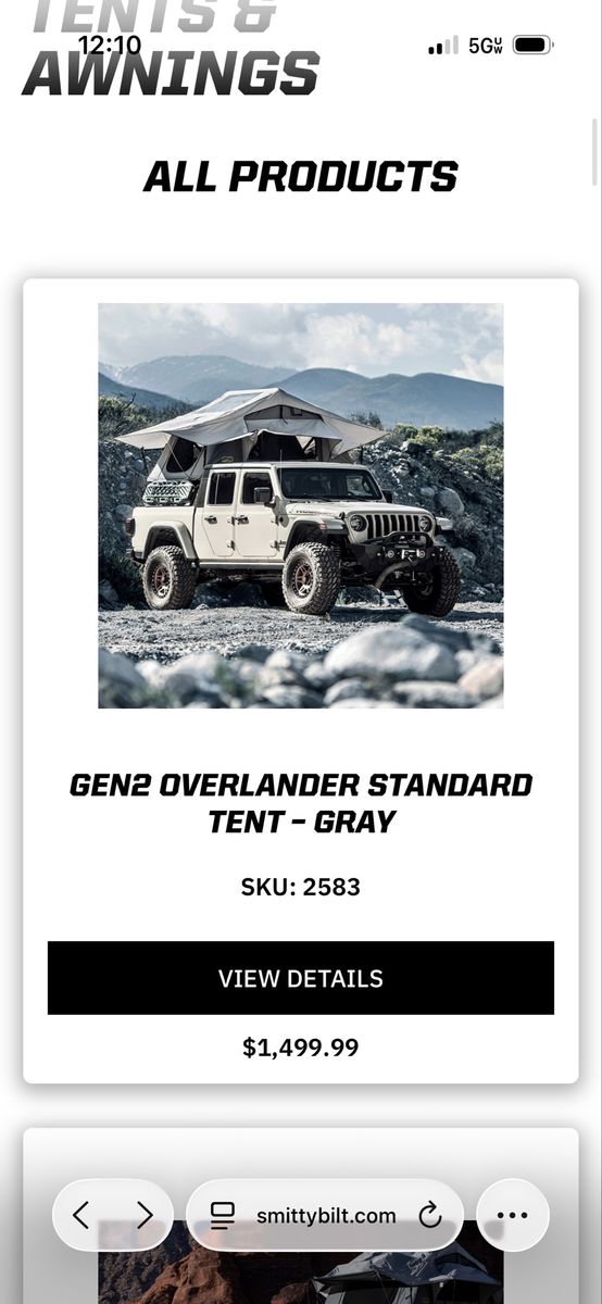 Smittybilt Gen2 Overlander Standard Tent And overland awning