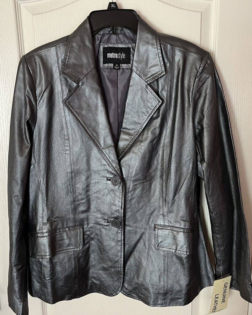 NEW Metallic Silver Leather Blazer/Jacket, Sz 18