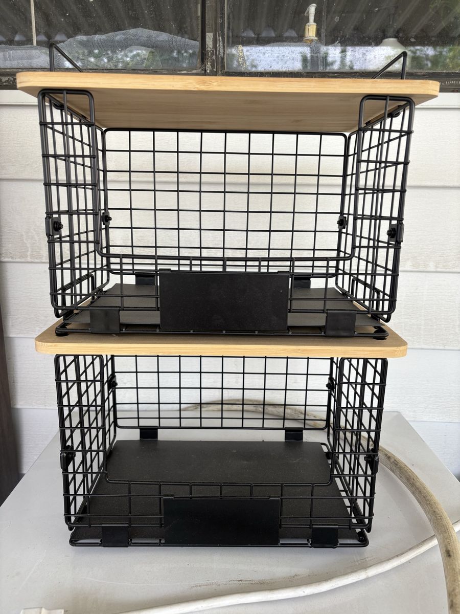 Set XL Stackable Wire Basket with Bamboo Tops & Tags- Pantry Organizer and Storage Bins