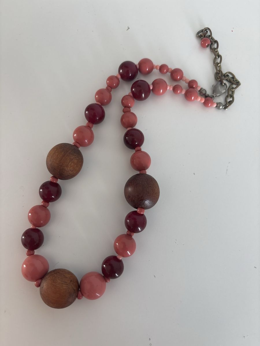 Handmade Wooden & Resin Bead Necklace - Pink & Brown Chunky Statement Jewelry