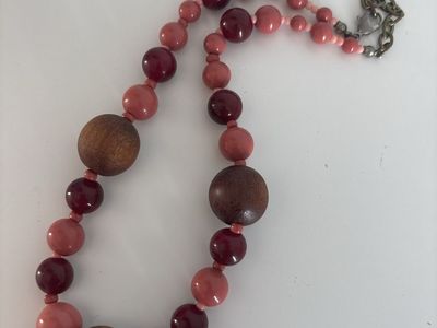 Handmade Wooden & Resin Bead Necklace - Pink & Brown Chunky Statement Jewelry