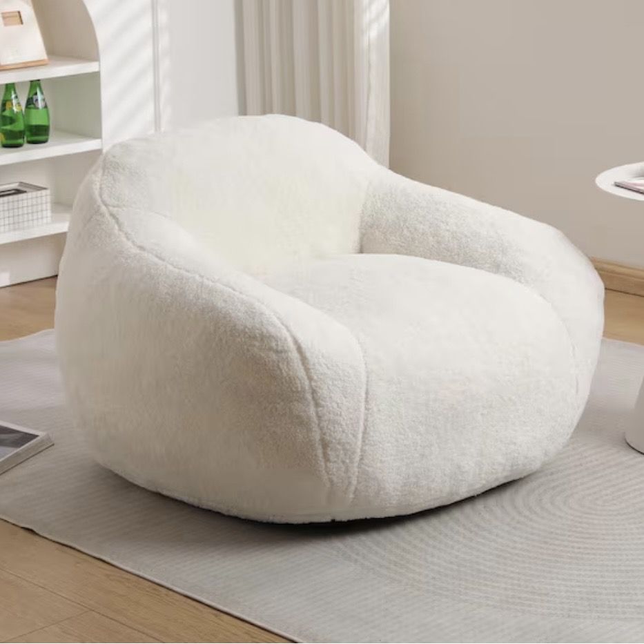 Noble House Stella White Faux Fur Bean Bag Chair with Memory Foam Filler