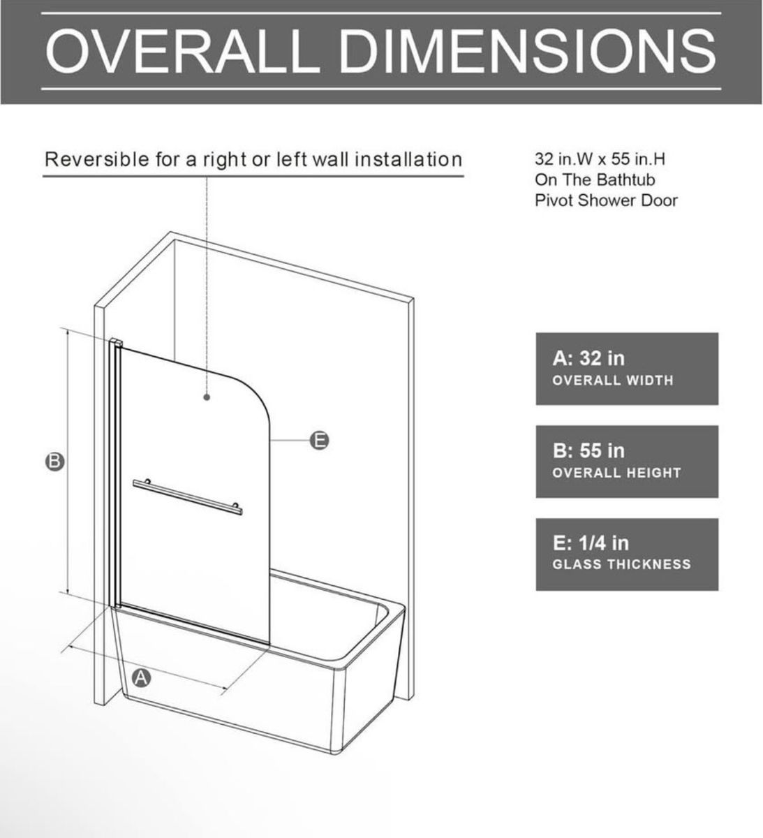 Brand new 32x55in Reversible Pivot Bathtub Shower Door, 1/4in Glass, Right or Left Wall Installation