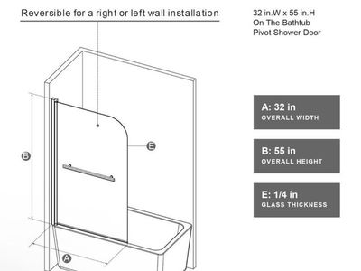 Brand new 32x55in Reversible Pivot Bathtub Shower Door, 1/4in Glass, Right or Left Wall Installation