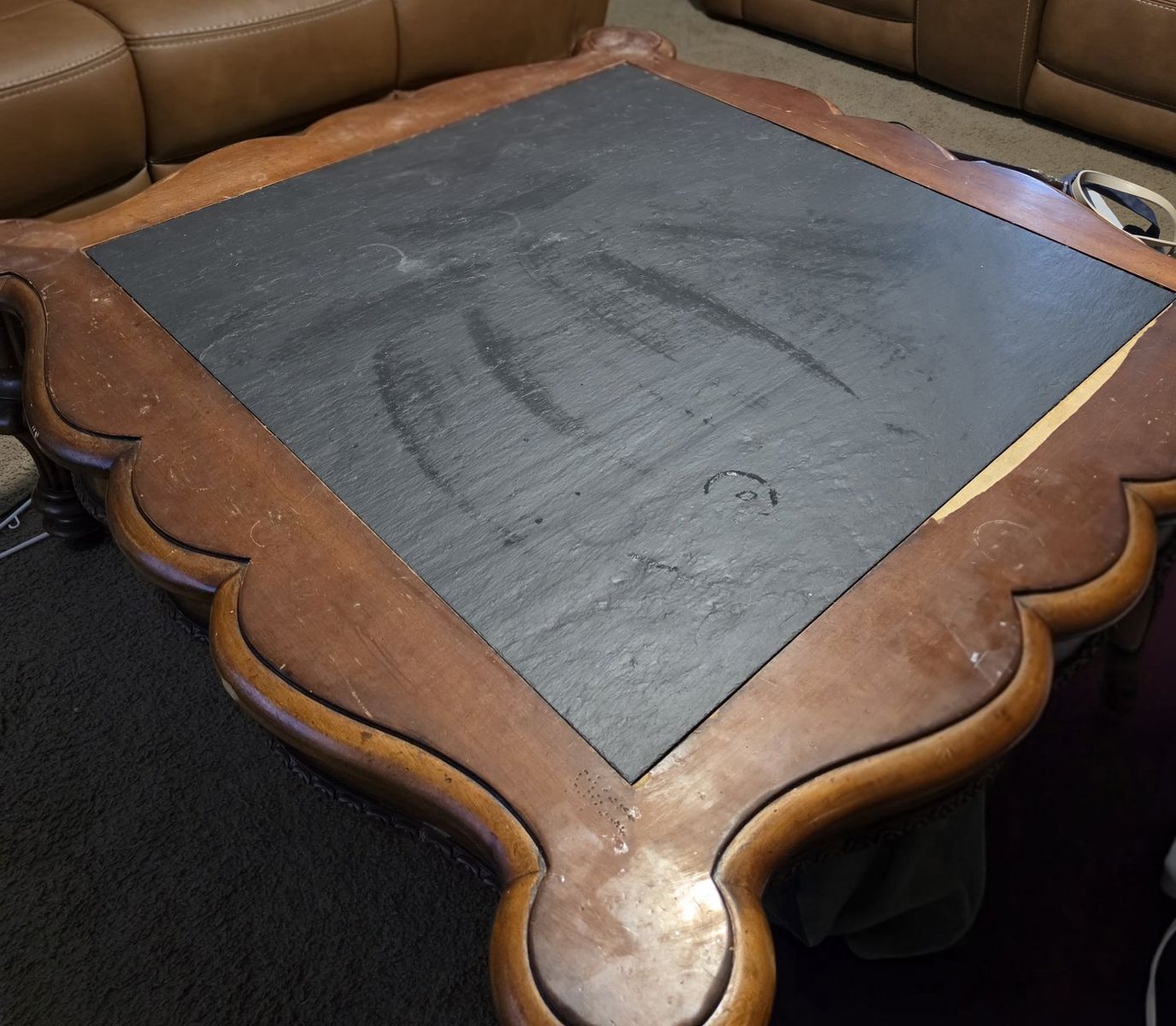 Vintage Carved Wood Coffee Table with Slate Top