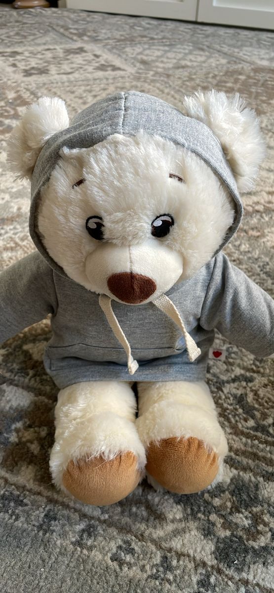 Adorable cream build a bear with gray hoodie
