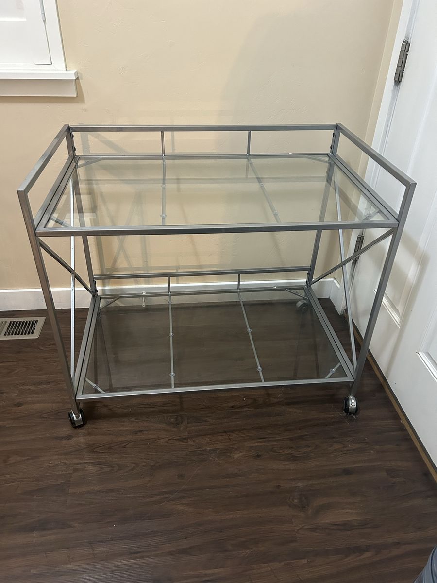 Glass Bar Cart with Metal Frame on Wheels