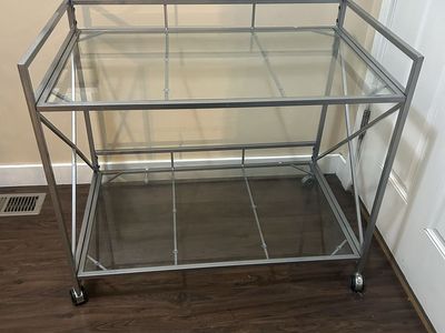 Glass Bar Cart with Metal Frame on Wheels