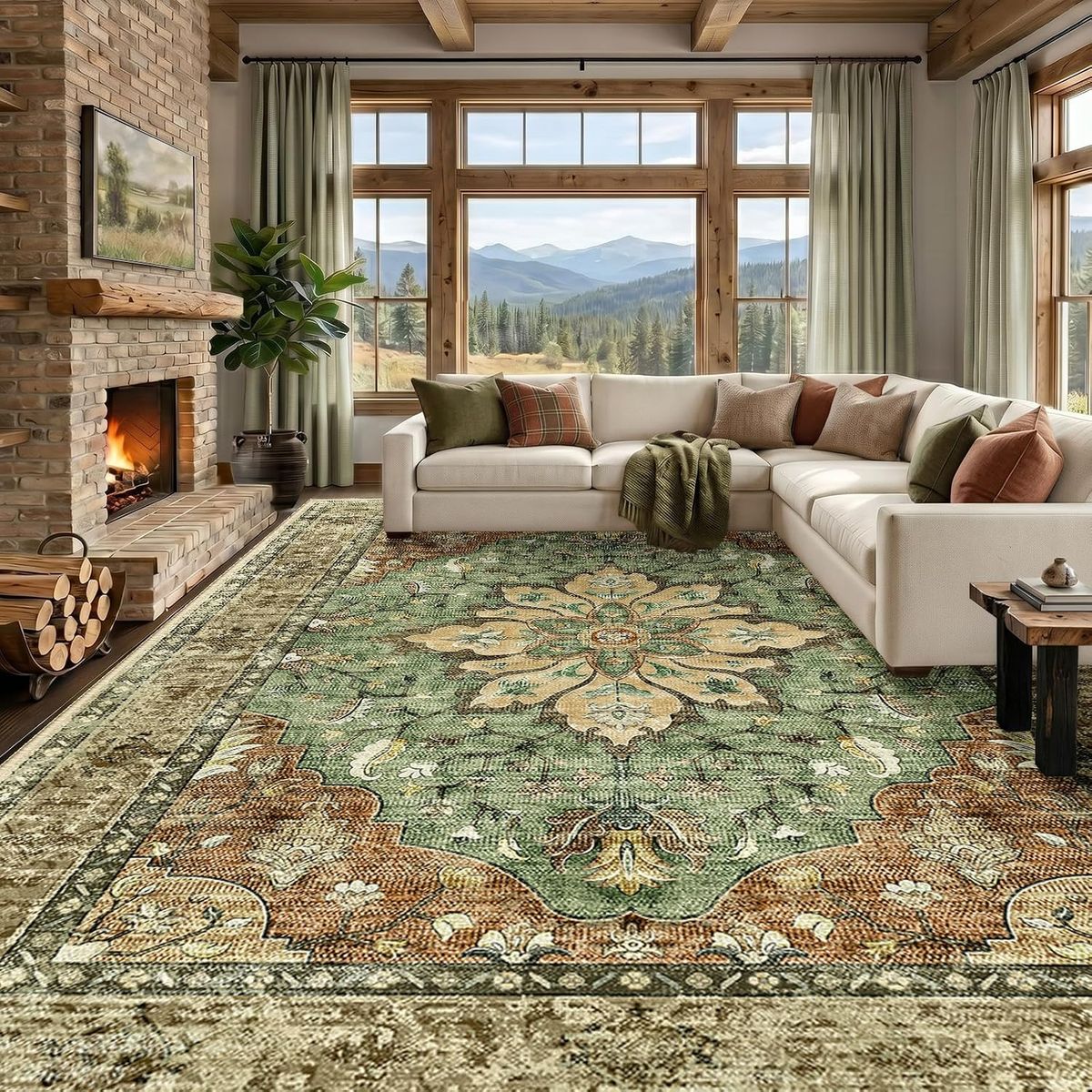 NEW 10'x14' Washable Non-Slip, Floral Vintage Distress Medallion Brick Red Rust Neutral Brown Burnt Orange Green