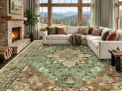NEW 10'x14' Washable Non-Slip, Floral Vintage Distress Medallion Brick Red Rust Neutral Brown Burnt Orange Green