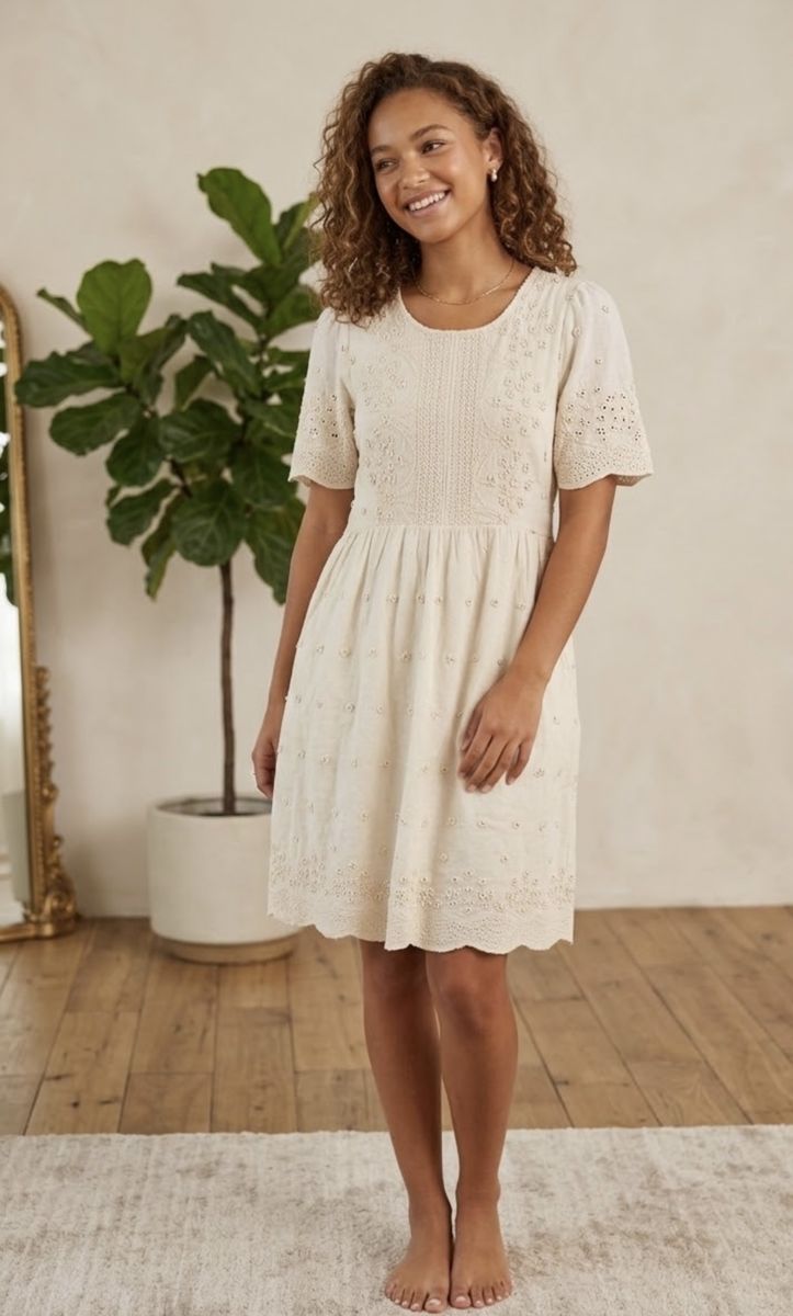 Cream Embroidered Eyelet Dress Size M BOHO