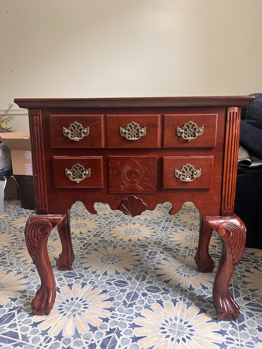 Two matching- Vintage Cherry Wood Nightstand Accent Table with Carved Legs & Brass Pulls