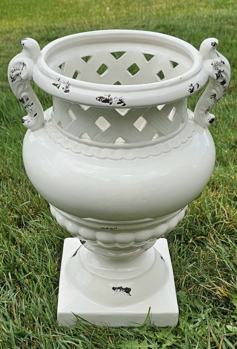 White Distressed Lattice Decorative Urn with Handles - Outdoor/Indoor Decor 18"Tx12"Wx9"Opening