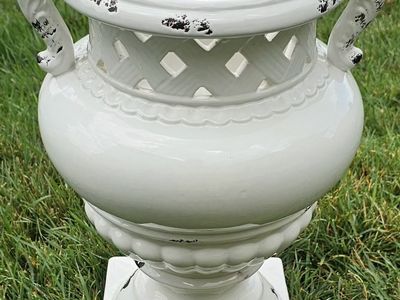 White Distressed Lattice Decorative Urn with Handles - Outdoor/Indoor Decor 18"Tx12"Wx9"Opening