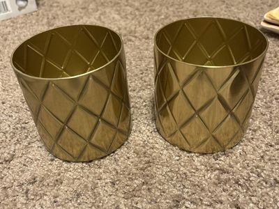 Set of 2 Gold Diamond Pattern Metal Votives/Planters