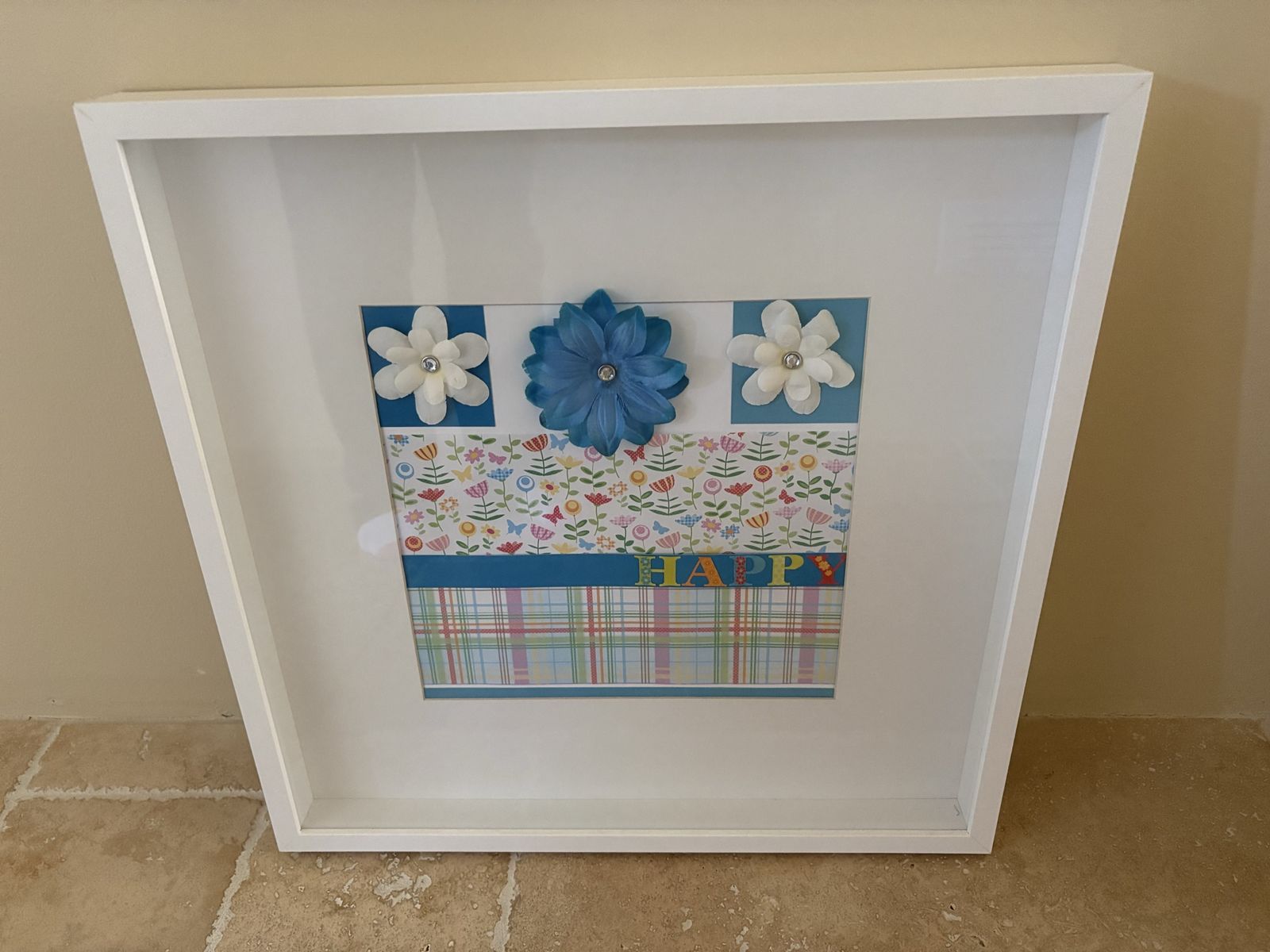 White IKEA Square Shadowbox Frame w/ Happy Art