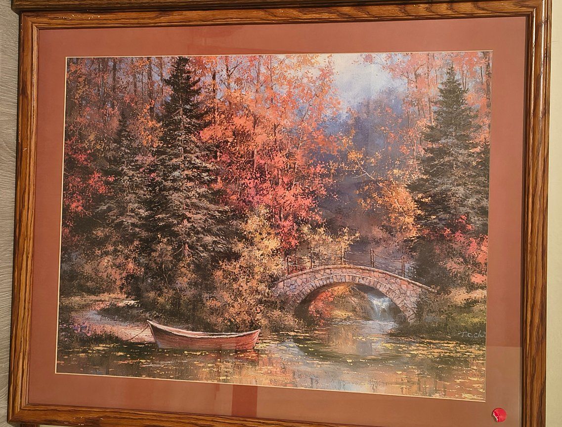 Framed Landscape Print - Autumn River Scene with Bridge and Boat
