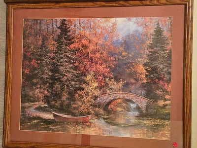 Framed Landscape Print - Autumn River Scene with Bridge and Boat