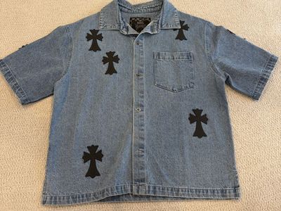 Rebel Vengeance Cross Denim Short-Sleeve Button-Up Shirt Medium w/ Chrome Heart Design Patches