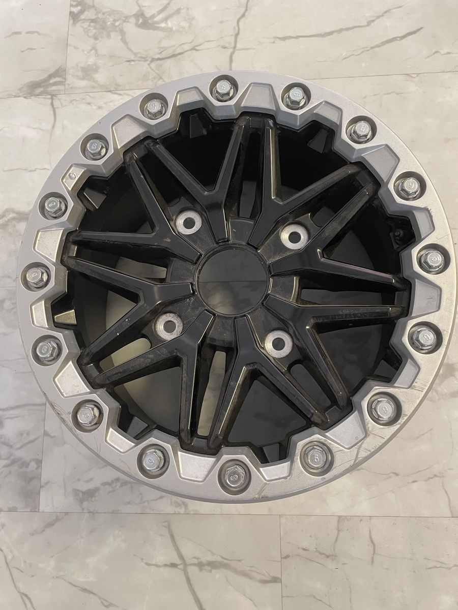 Kawasaki Krx 1000 bead lock wheel. 15x8 4x156 bolt pattern.Black and Silver Off-Road Style Wheel Rim - Used
