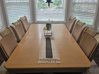 Elegant Light Wood Dining Table & 6 Upholstered Chairs - Extendable Dining Set
