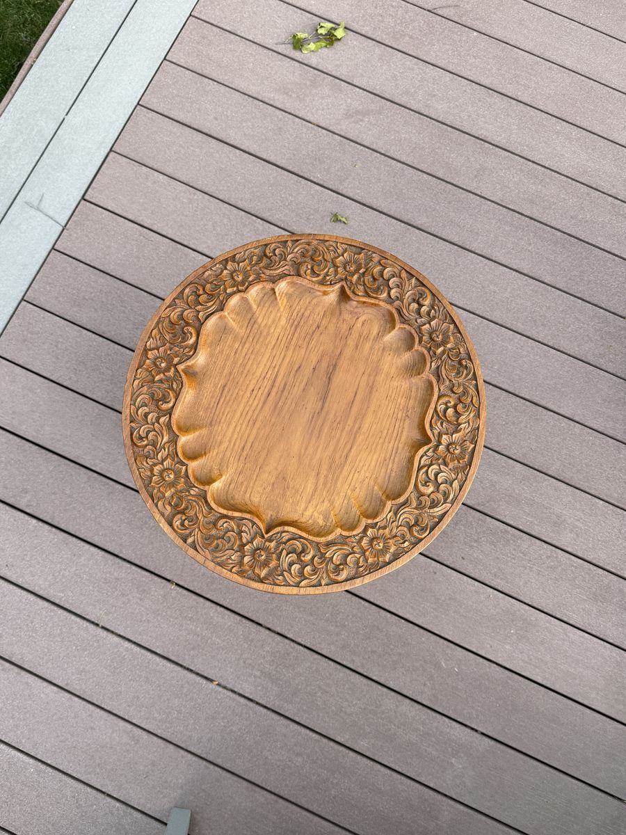 Vintage Round Hand-Carved Wooden Accent Table