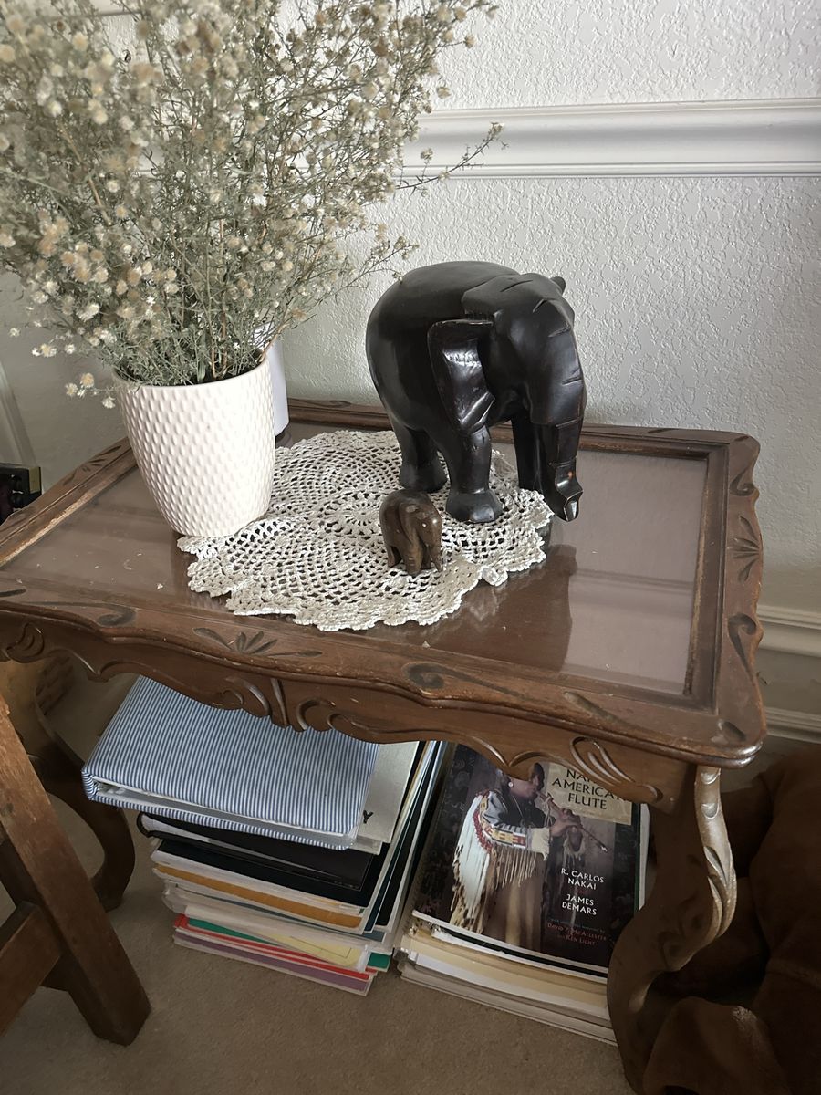 Vintage French Provincial Carved Wood End Table with Glass Top