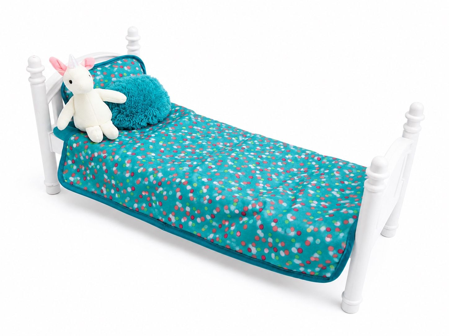Cute Doll Bed Set for American Girl doll - White Frame with Reversible Teal Confetti/Stripe Bedding & Unicorn Toy