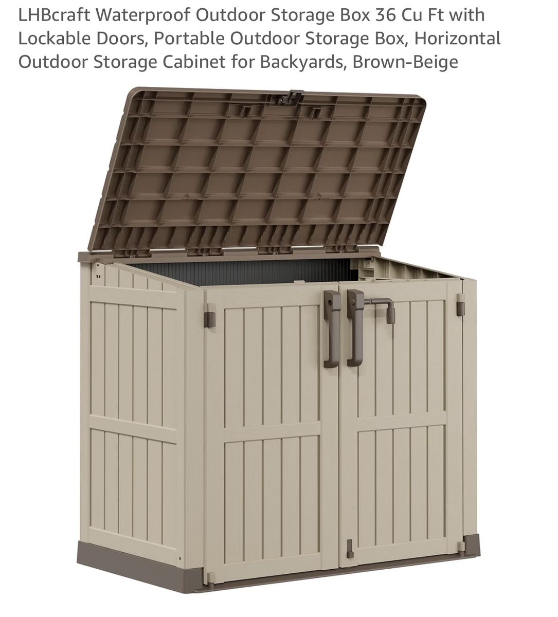 LHBCraft 36 Cu Ft Waterproof Outdoor Storage Box with Lockable Doors - Brown/Beige Portable Shed