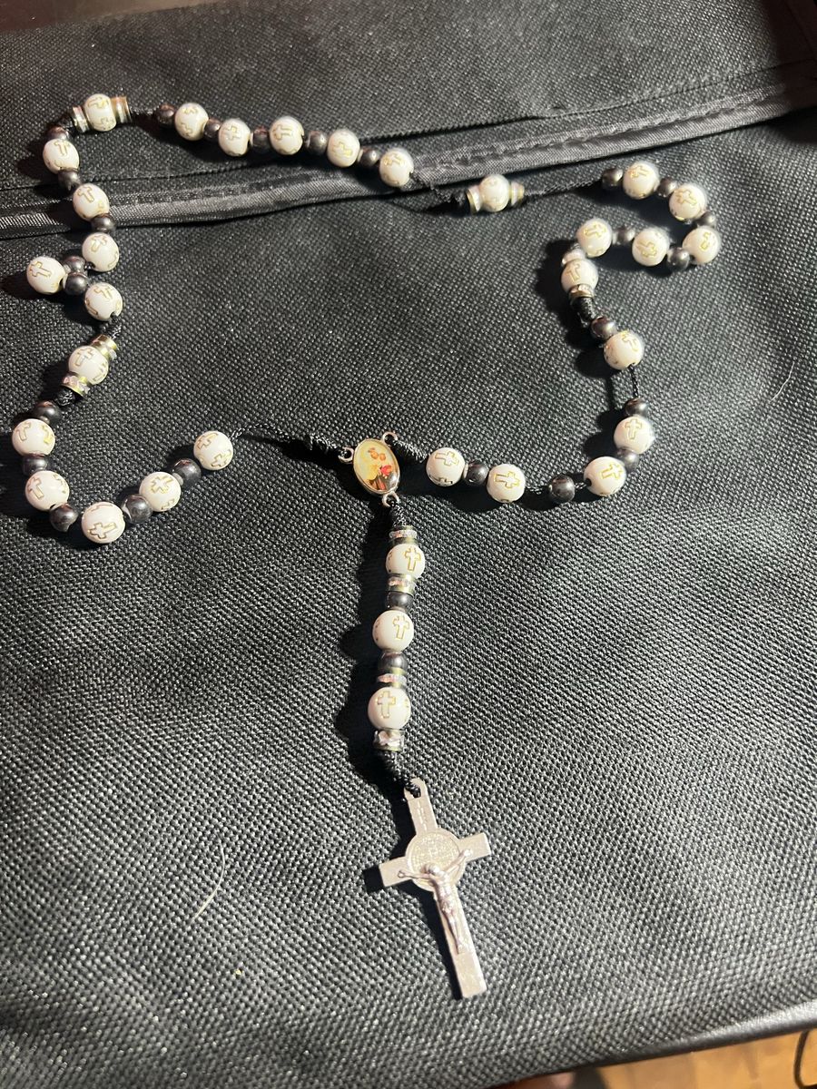 Religious Rosary Necklace - White & Black Beaded with Crucifix and Icon
