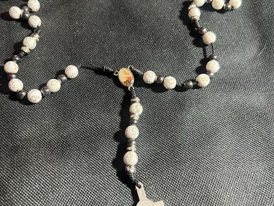 Religious Rosary Necklace - White & Black Beaded with Crucifix and Icon