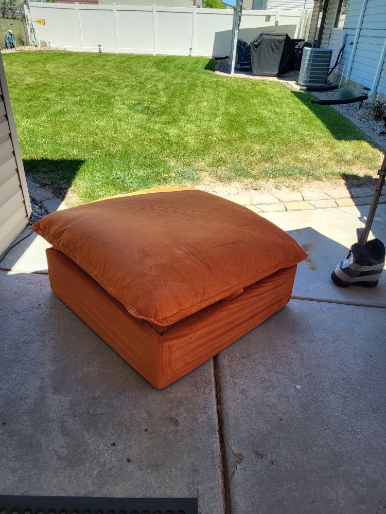 Orange Velvet Storage Ottoman - 40" Square Puff Cushion Footrest, Excellent Condition