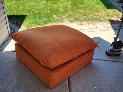 Orange Velvet Storage Ottoman - 40" Square Puff Cushion Footrest, Excellent Condition