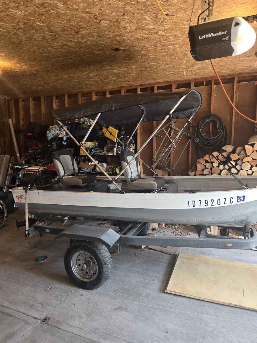 Fishing boat with motor and bimini