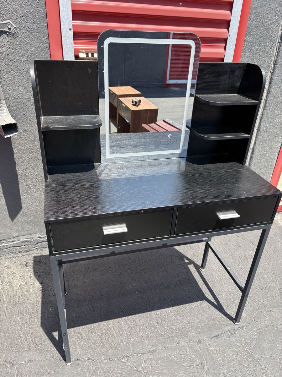 Black Vanity Desk w/ Mirror & Storage Shelves