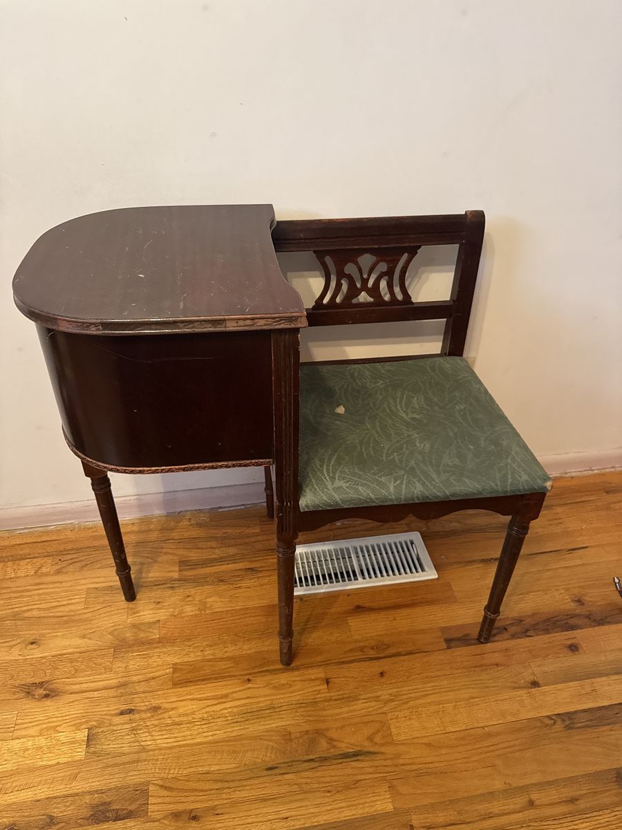 Vintage Dark Wood Telephone Table Bench with Carved Back and Green Upholstered Seat