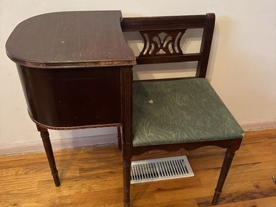 Vintage Dark Wood Telephone Table Bench with Carved Back and Green Upholstered Seat