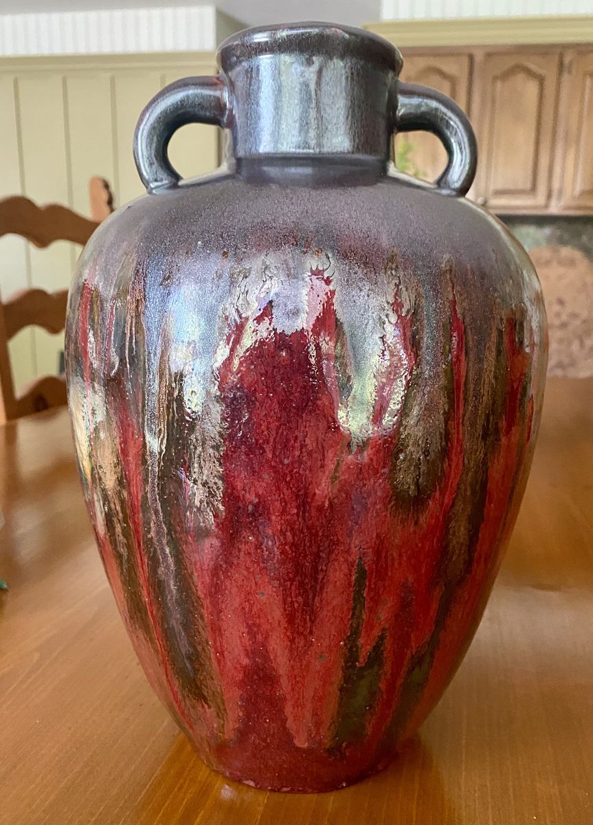 Large Vintage Ceramic Vase Urn with Handles - Deep Red-Gray-Black-Brown Dip Glaze, Stunning