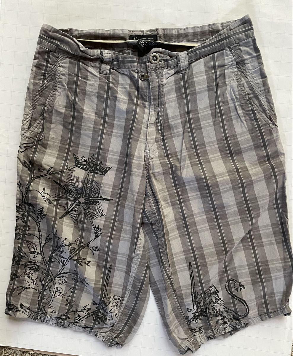 INC International Concepts Men's Plaid Graphic Cargo Shorts Size 30 Casual Gray Check