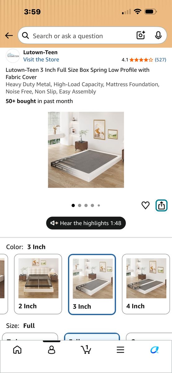 Lutown-Teen 3 Inch Full Size Box Spring Low Profile Heavy Duty Metal Mattress Foundation