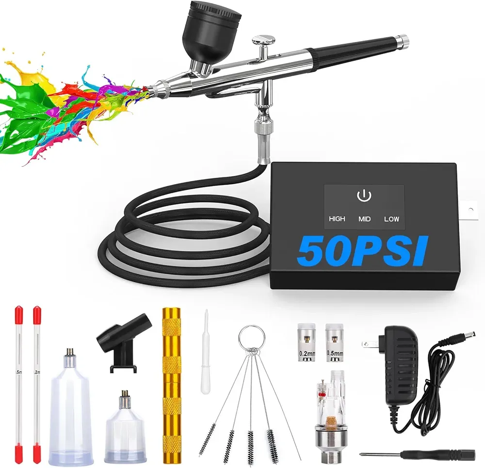 Airbrush Kit with Air Compressor: 50 PSI High Pressure Air Brush Kit with Nozzles & Cleaning Set for Painting, Modeling