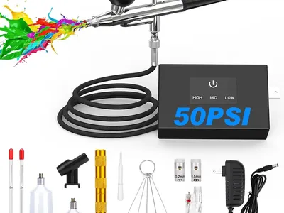 Airbrush Kit with Air Compressor: 50 PSI High Pressure Air Brush Kit with Nozzles & Cleaning Set for Painting, Modeling