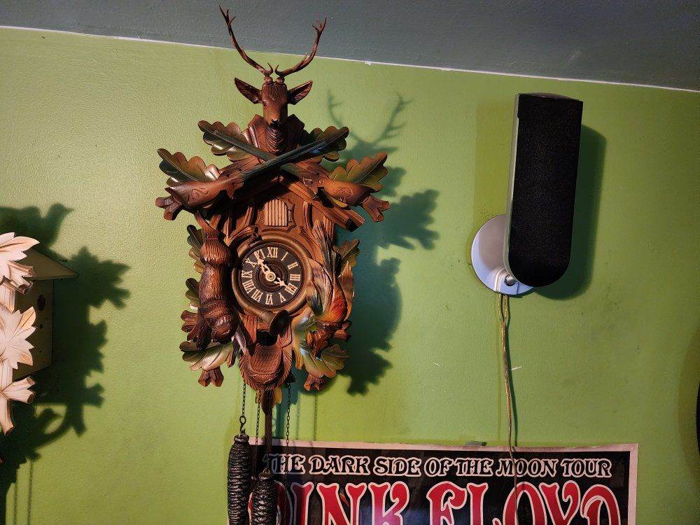 Vintage Hand-Carved Black Forest Cuckoo Clock - Deer Head, Hunting Scene, Pine Cone Weights