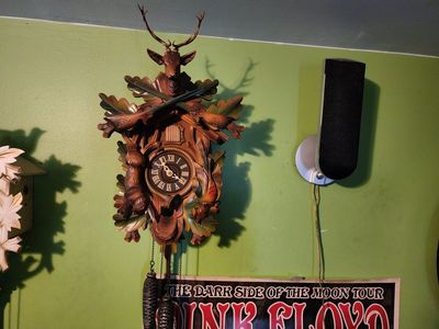 Vintage Hand-Carved Black Forest Cuckoo Clock - Deer Head, Hunting Scene, Pine Cone Weights