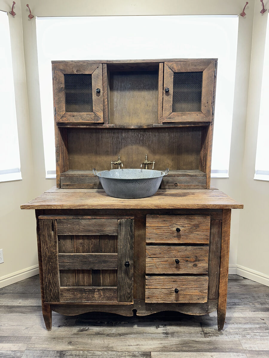 Vintage rustic barn wood dry sink hutch