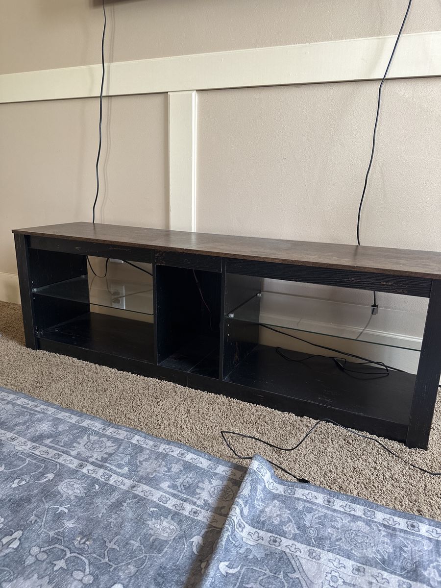 Spacious TV Stand Entertainment Center - Dark Wood Finish, Glass Shelves, Media Console